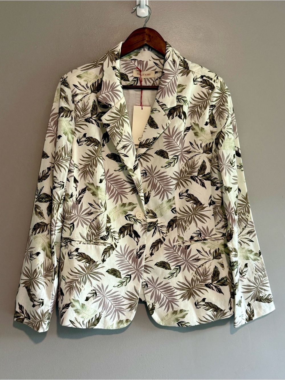 Solitaire Womens Tropical Palm Leaf Linen Blend Blazer Jacket Office XL 18 NWT